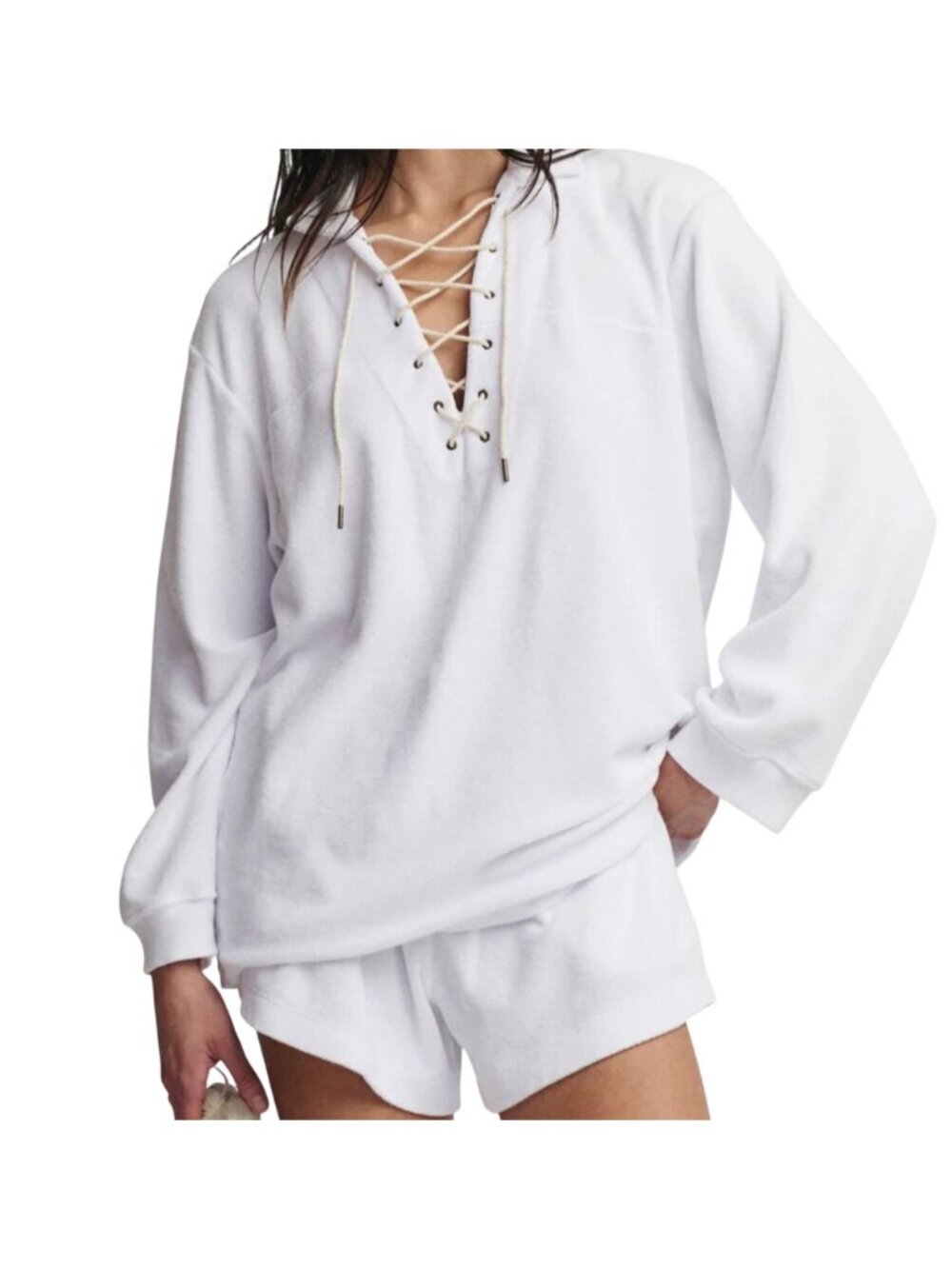 The GREAT. Micro Terry Lace Up Tunic White Sz 2 (MED) Oversized Relaxed
